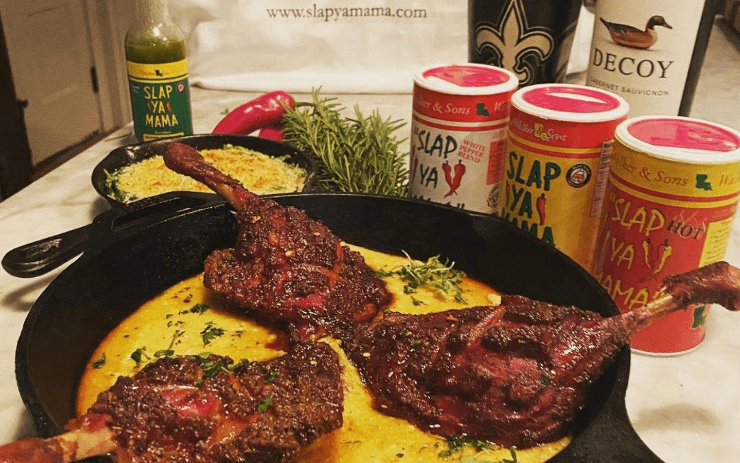 Smoked Duck Legs, Grits, and Tasso-creamed Spinach.